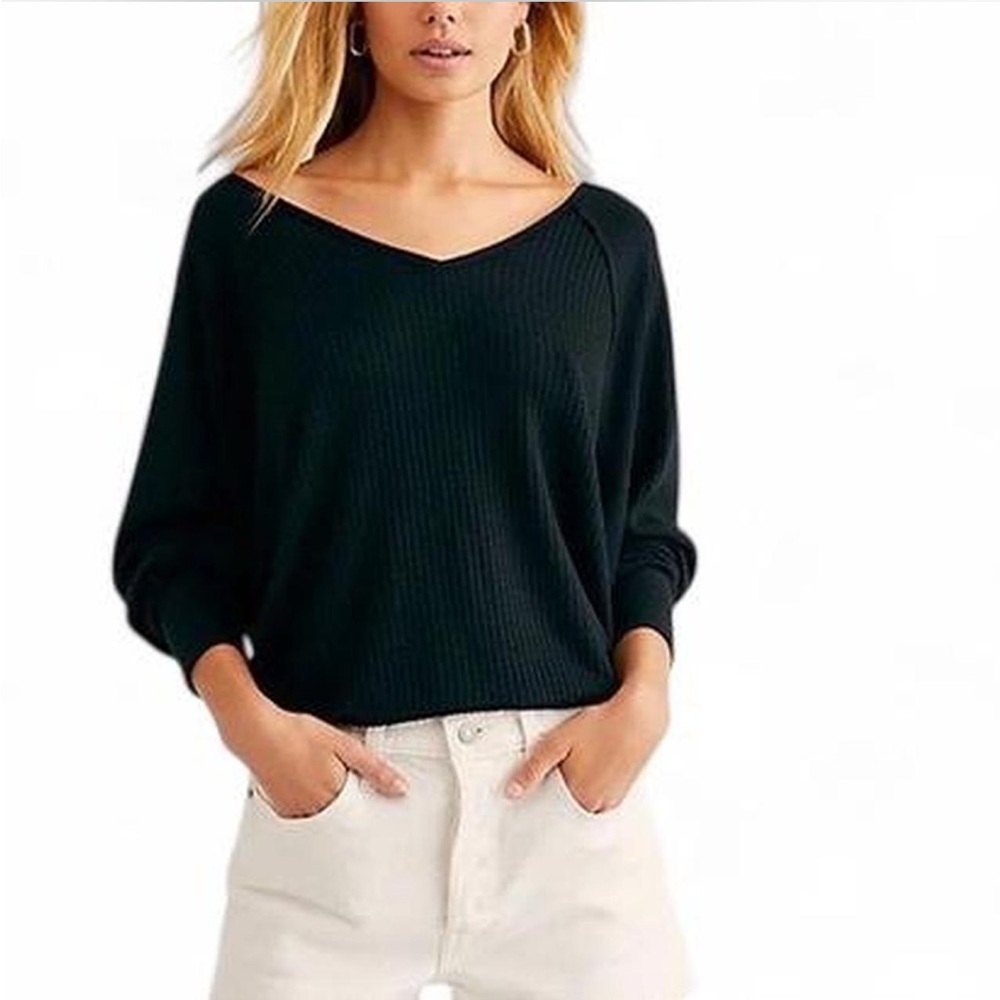 We the Free People Santa Clarita Waffle Knit Oversized Long Sleeve Top Black M - Picture 1 of 6